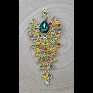 Peacock Brooch Multicolor Rhinestone Statement Pin Large 4” Vintage Style